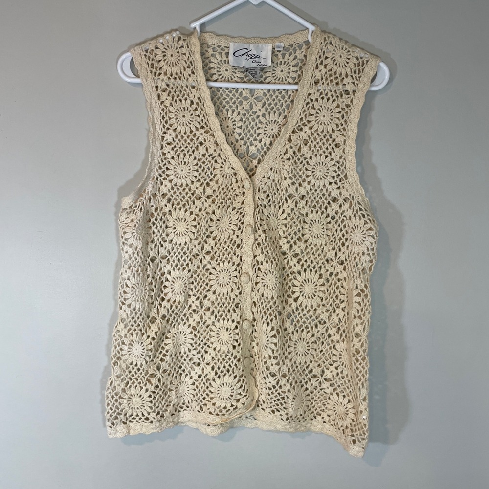 Chazzi by Charles Gkailian Cream Floral Crochet Button Front Vest L Boho 90s
